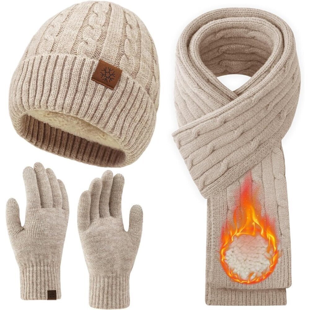 Women's Winter Beanie Hat Scarf Gloves Set Knit Fleece Touch Screen